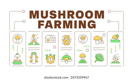 Mushroom farming word concept isolated on white. Growing and harvesting. Indoor cultivation. Creative illustration banner surrounded by editable line colorful icons