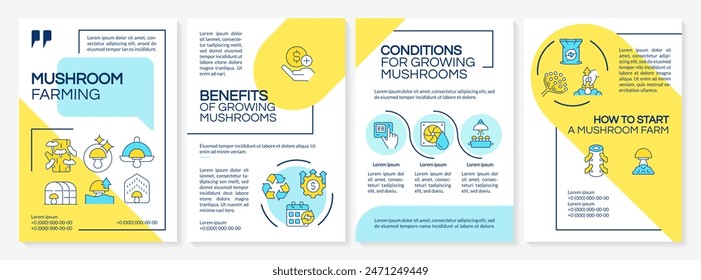 Mushroom farming yellow and blue brochure template. Benefits. Leaflet design with linear icons. Editable 4 vector layouts for presentation, annual reports