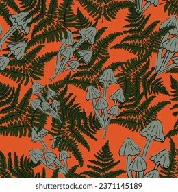 Mushroom fern hand drawn seamless pattern