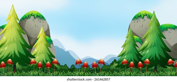Mushroom in the field with mountain background