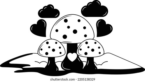 Mushroom Fields with Sky and Cloud Vector Icon Design, Nature Love Symbol, Artistic landforms Scenes Sign, Heart in nature Stock illustration, Beautiful Landscape View, Toadstool Grassy Plains Concept