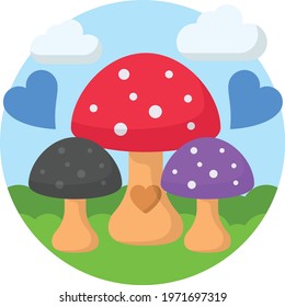 Mushroom Fields with Sky and Clouds Concept, Toadstool Grassy Plains Vector Color Icon Design, Nature Lover Symbol, Heart in nature Stock illustration, Beautiful Landscape scenery Ideas in Round Shape