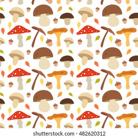 Mushroom flat illustration seamless vector  pattern. Isolated on white background