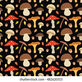 Mushroom flat illustration seamless vector  pattern. Isolated on black background