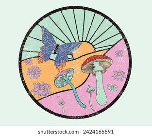 Mushroom with flower artwork for t shirt print, poster, sticker, background and other uses. Spring flower. Butterfly graphic design.