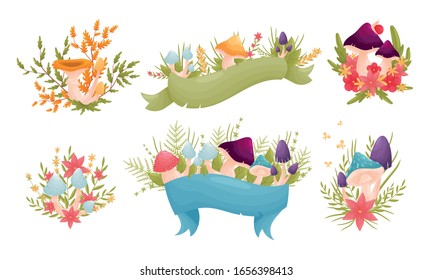 Mushroom and Flower Compositions with Blank Ribbon Vector Set