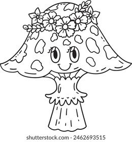 Mushroom with a Flower Crown Isolated Coloring 