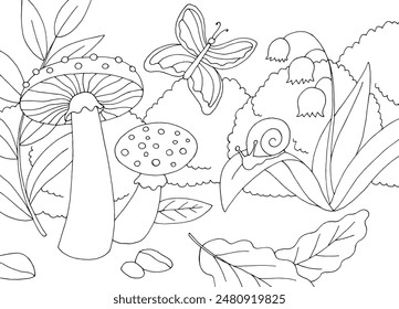 Mushroom and flower graphic black white landscape sketch illustration vector