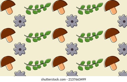 Mushroom, flower and leaf pastel pattern background