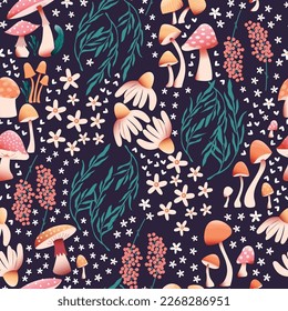 Mushroom and flower seamless pattern with beautiful florals, leaves and buds. Beautiful woodland garden in nature. Colorful vector illustration. 