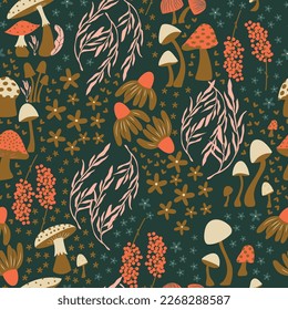 Mushroom and flower seamless pattern with beautiful florals, leaves and buds. Beautiful woodland garden in nature. Colorful vector illustration. 