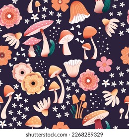 Mushroom and flower seamless pattern with beautiful florals, leaves and buds. Beautiful woodland garden in nature. Colorful vector illustration. 