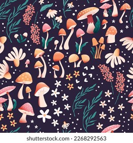 Patrón sin costuras de hongos y flores con hermosas flores, hojas y brotes. Hermoso jardín de bosques en la naturaleza. Ilustración vectorial colorida. 