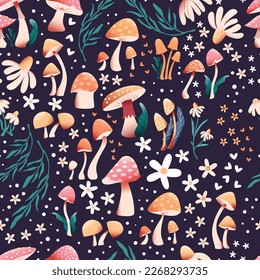 Mushroom and flower seamless pattern with beautiful florals, leaves and buds. Beautiful woodland garden in nature. Colorful vector illustration. 