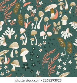 Mushroom and flower seamless pattern with beautiful florals, leaves and buds. Beautiful woodland garden in nature. Colorful vector illustration. 