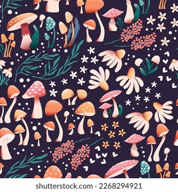 Mushroom and flower seamless pattern with beautiful florals, leaves and buds. Beautiful woodland garden in nature. Colorful vector illustration. 