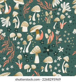 Mushroom and flower seamless pattern with beautiful florals, leaves and buds. Beautiful woodland garden in nature. Colorful vector illustration. 