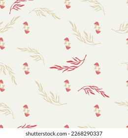Mushroom and flower seamless pattern. Simple and elegant hand drawn design. Colorful vector illustration. 