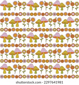 mushroom and flower seamless stripe pattern on white background