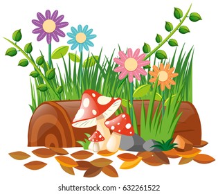 Mushroom and flowers in garden illustration