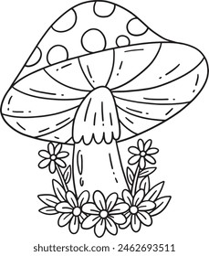 Mushroom with Flowers Isolated Coloring Page