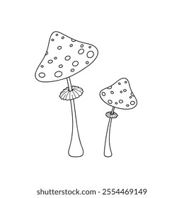 Mushroom fly agaric hand-drawn, isolated on a white background, contoured black and white illustration, doodle, vector. A decorative element for decorating, decoration. Dangerous, inedible, poisonous 
