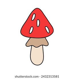 Mushroom, fly agaric. Vector illustration of a fly agaric in a trendy retro style on a white background. Fly agaric icon in groovy style.