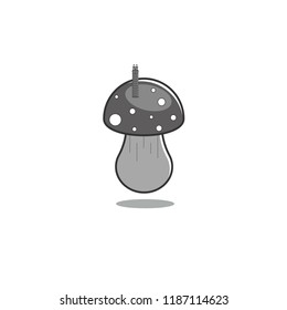 Mushroom fly agaric with a worm on a bonnet. Vector illustration in monochrome gray tones on an isolated background.