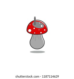 Mushroom fly agaric with a worm on isolated background in gray tones and red cap.Vector illustration.

