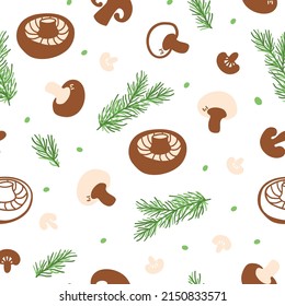 Mushroom food pattern. Seamless vector background with mushrooms, herb, rosemary. Cartoon mushroom food illustration, champignon package design, wrap, paper, cover paper. Organic food paper.