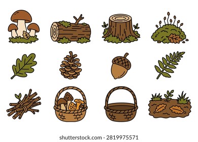 Mushroom foraging finds flat style illustration design set for outdoor. Forest natural and woodland objects color element icon design pack for ecological and camping
