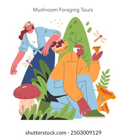 Mushroom Foraging Tour concept. Two people explore nature and collect edible fungi amidst lush foliage. Guided outdoor activity promoting sustainable harvesting. Vector illustration.