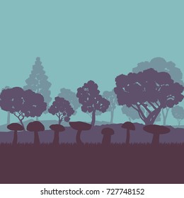 Mushroom forest  field landscape vector background with sunset and trees