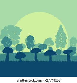 Mushroom forest  field landscape vector background with sunset and trees