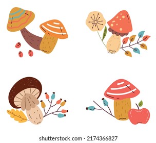 Mushroom forest flora leaf design element collection isolated set. Vector design element cartoon illustration