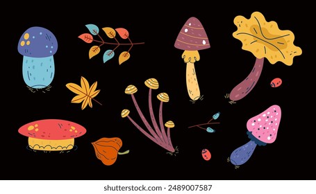 Mushroom forest flora leaf design element collection isolated set. Vector design element cartoon illustration