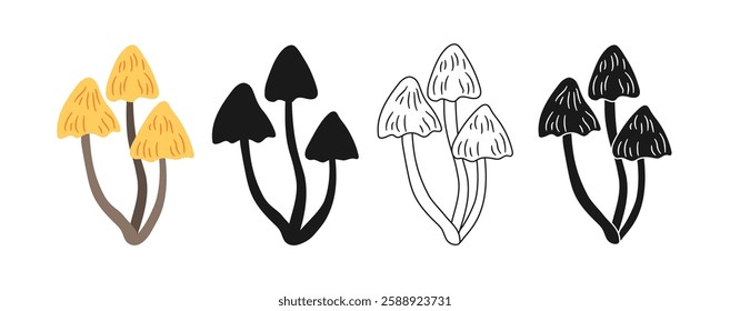 Mushroom forest fungi hand drawn symbol set. Poisonous or edible wild fantasy doodle mushroom. Great for packaging, branding projects pattern, background, poster. Vector Illustration isolated design