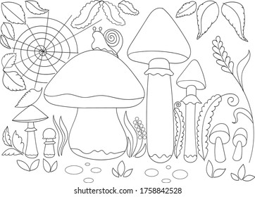 Mushroom Forest Grass Border Design. Set of mushrooms. Mushroom pattern. Pastiche