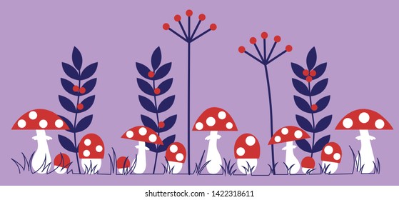 Mushroom Forest Herb Border Design. Fly-agarics Row. Amanitas Pattern. Row Mushroom.