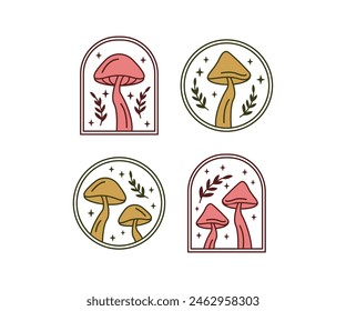 mushroom in frame boho theme style with leaves floral star vector icon design illustration 