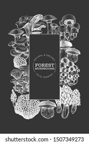 Mushroom frame template. Hand drawn vector food illustration on chalk board. Engraved style. Vintage mushrooms different kinds background.