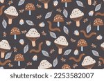 MUSHROOM, FUNGI, CRITTERS, LEECH, SNAIL, FLOWER, LEAVES FLORA AND FAUNA NATURE SEAMLESS PATTERN IN EDITABLE FILE