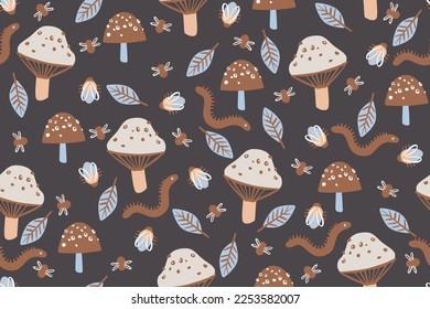 MUSHROOM, FUNGI, CRITTERS, LEECH, SNAIL, FLOWER, LEAVES FLORA AND FAUNA NATURE SEAMLESS PATTERN IN EDITABLE FILE