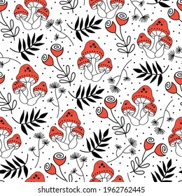 Mushroom fungi seamless vector repeat pattern. Line art mushrooms flowers leaves plants repeating background. Black white red Nature texture for fabric, wrapping, surface pattern design