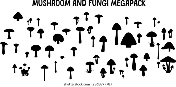 Mushroom and fungi vector set, natural cartoon silhouettes