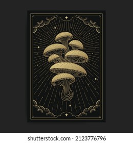 Hongo o hongo grabado a mano de lujo, celestial, esotérico, boho estilo, apto para espiritualista, religioso, paranormal, lector de tarot, astrólogo o vector de tatuaje