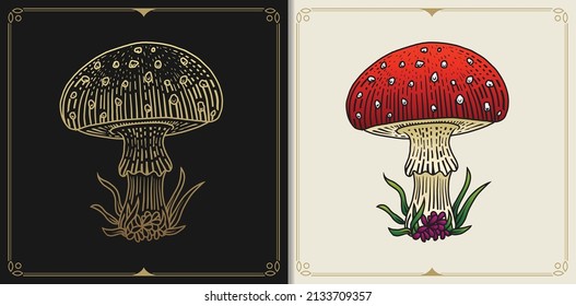 Mushroom or fungus with engraving, hand drawn, luxury, celestial, esoteric, boho style, fit for spiritualist, religious, paranormal, tarot reader, astrologer or tattoo