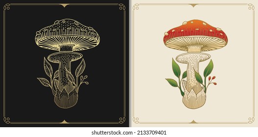 Mushroom or fungus Russula aurea with engraving, hand drawn, luxury, celestial, esoteric, boho style, fit for spiritualist, religious, paranormal, tarot reader, astrologer or tattoo