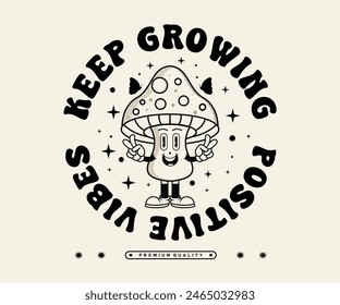 mushroom funny cartoon character.can be used as Sticker, posters, prints, t shirt design. cute retro cartoon style. Vector illustration