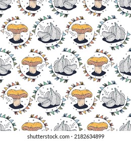 Mushroom and Garlic. Seamless pattern on a white background. Cute vector illustration.